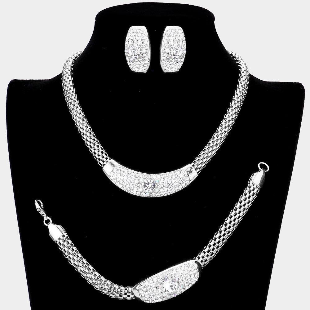 Silver 3 Piece Round Stone Accented Rhinestone Necklace Jewelry Set - Jewelry Store by Erik Rayo