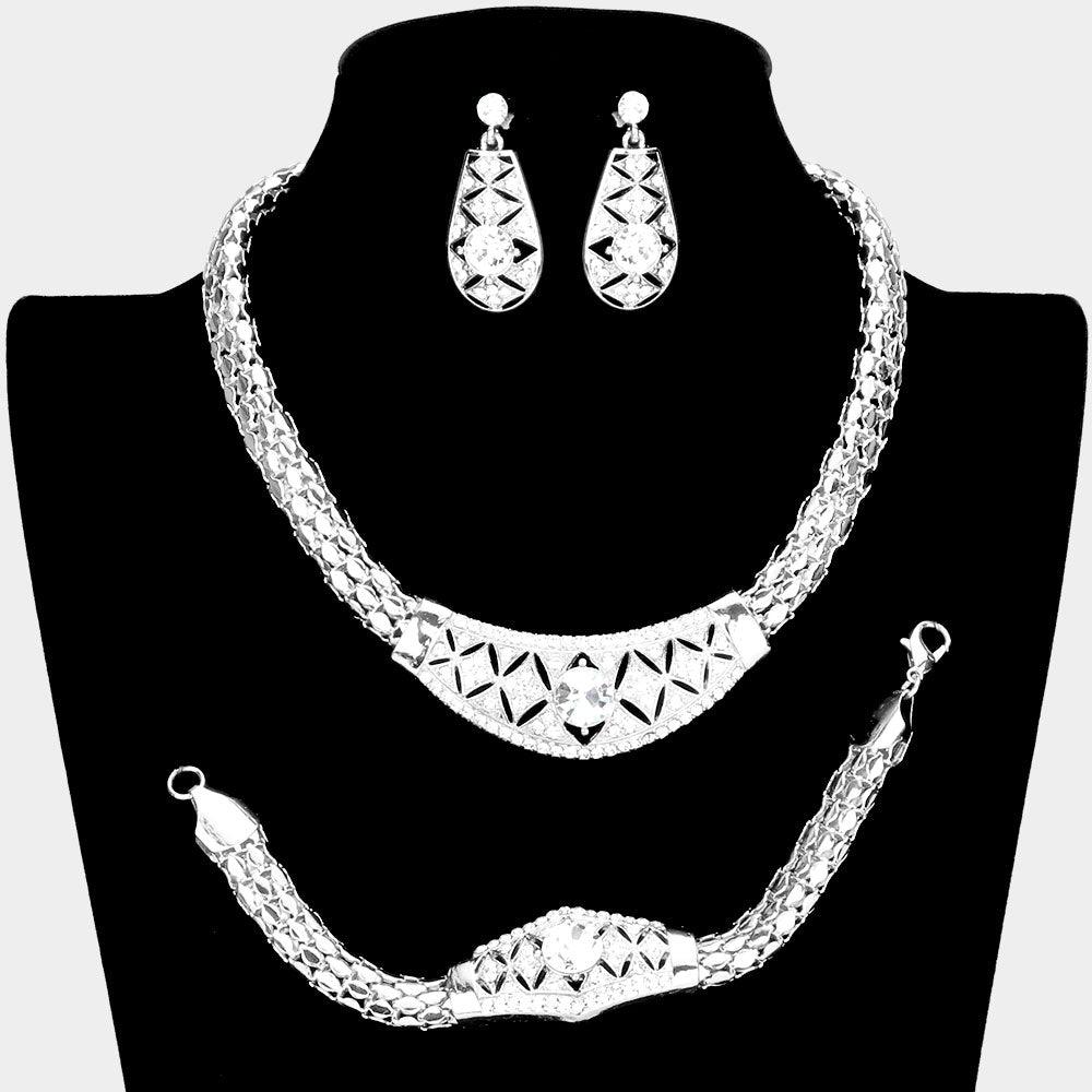 Silver 3 Piece Round Stone Centered Metal Accented Necklace Jewelry Set