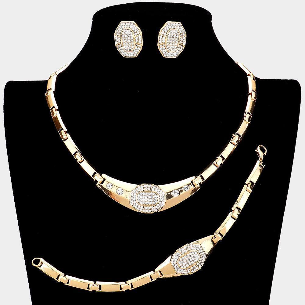Gold 3 Piece Rhinestone Embellished Necklace Jewelry Set - Jewelry Store by Erik Rayo