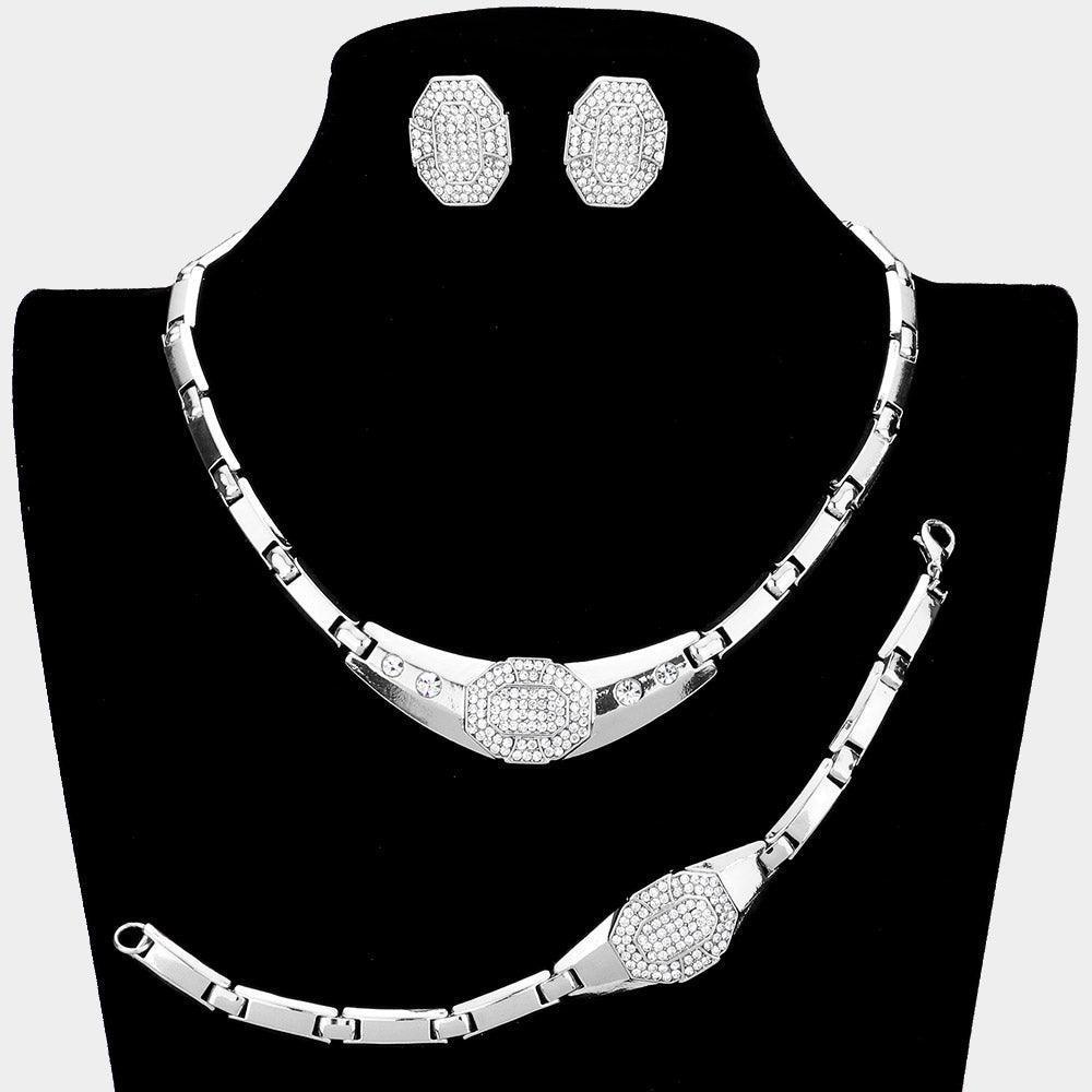 Silver 3 Piece Rhinestone Embellished Necklace Jewelry Set - Jewelry Store by Erik Rayo