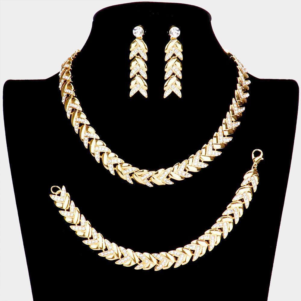 Gold 3 Piece Rhinestone Embellished Chevron Link Necklace Jewelry Set - Jewelry Store by Erik Rayo