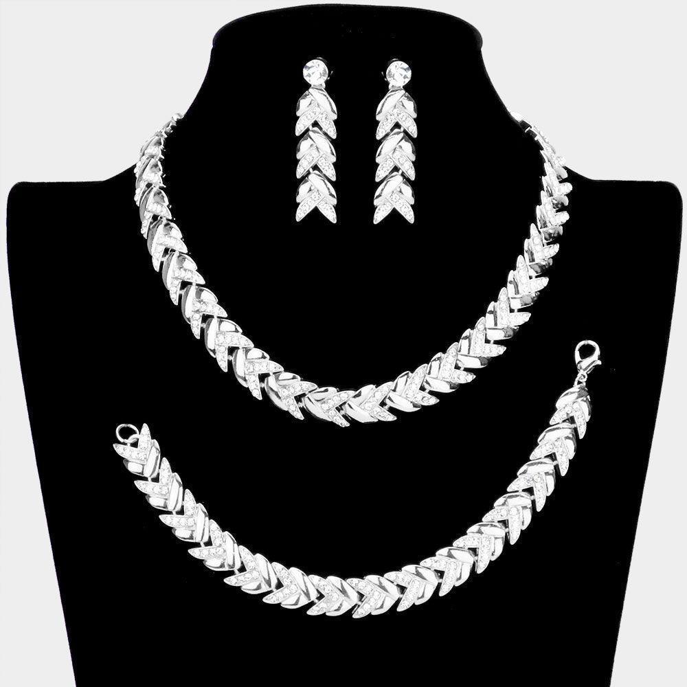 Silver 3 Piece Rhinestone Embellished Chevron Link Necklace Jewelry Set - Jewelry Store by Erik Rayo