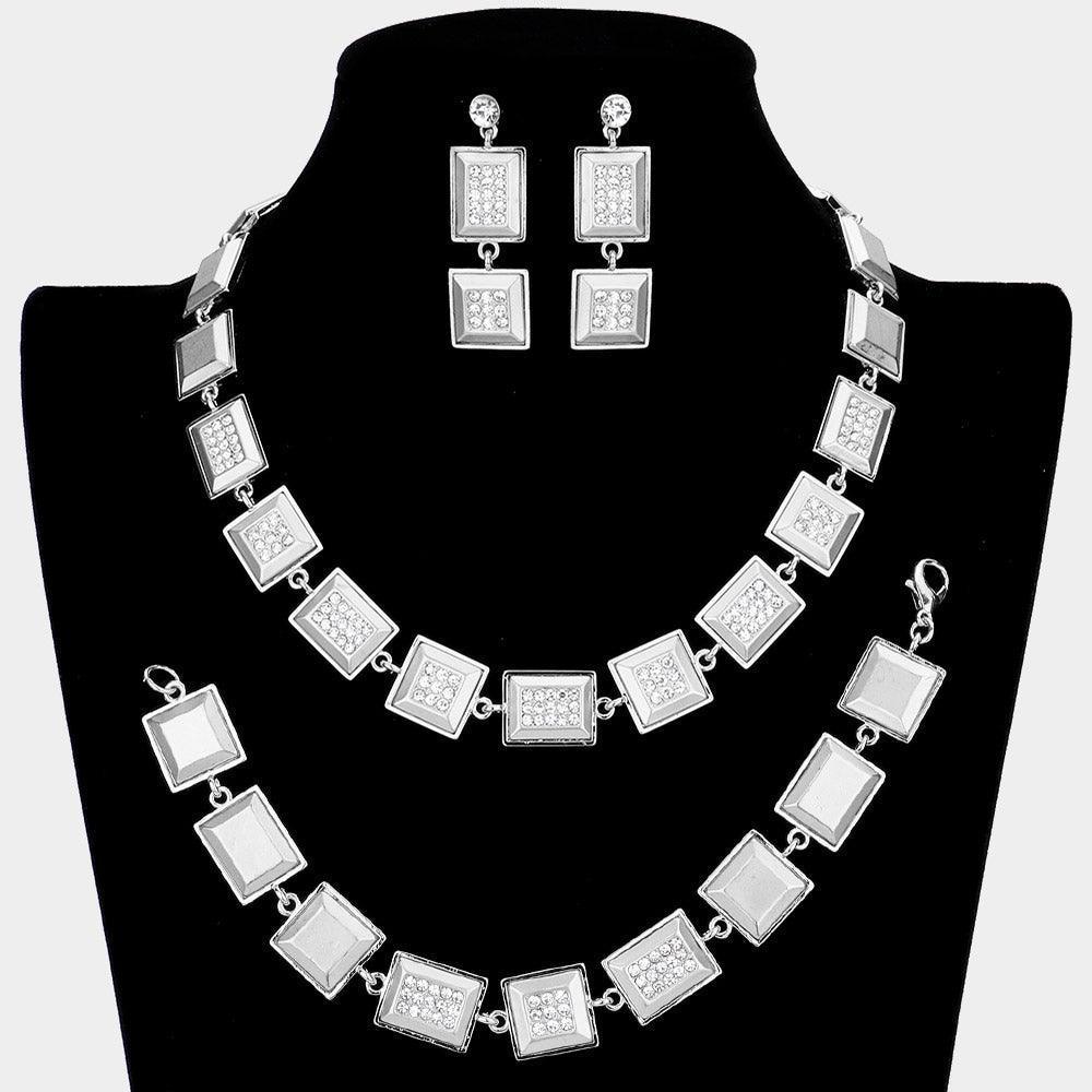 Silver 3 Piece Rhinestone Embellished Square Rectangle Link Necklace Jewelry Set - Jewelry Store by Erik Rayo