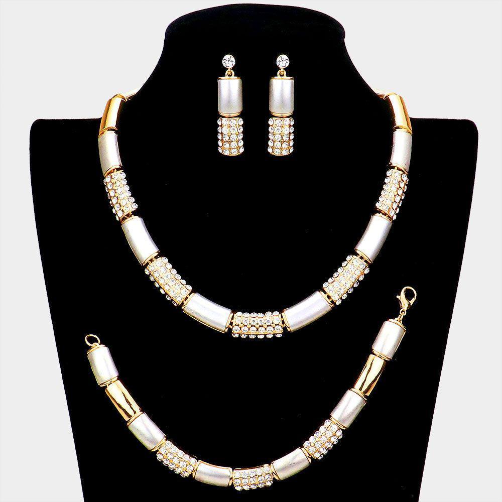 3 Piece Rhinestone Embellished Metal Rectangle Link Necklace Jewelry Set - Jewelry Store by Erik Rayo