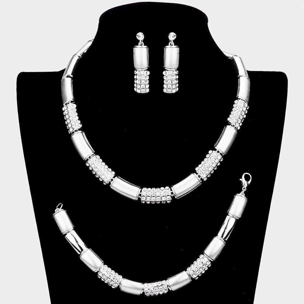 3 Piece Rhinestone Embellished Metal Rectangle Link Necklace Jewelry Set - Jewelry Store by Erik Rayo