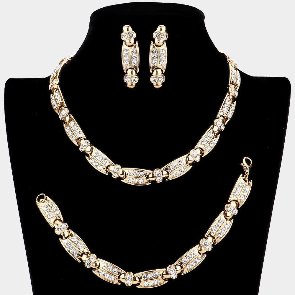 Gold 3 Piece Rhinestone Embellished Metal Link Necklace Jewelry Set - Jewelry Store by Erik Rayo