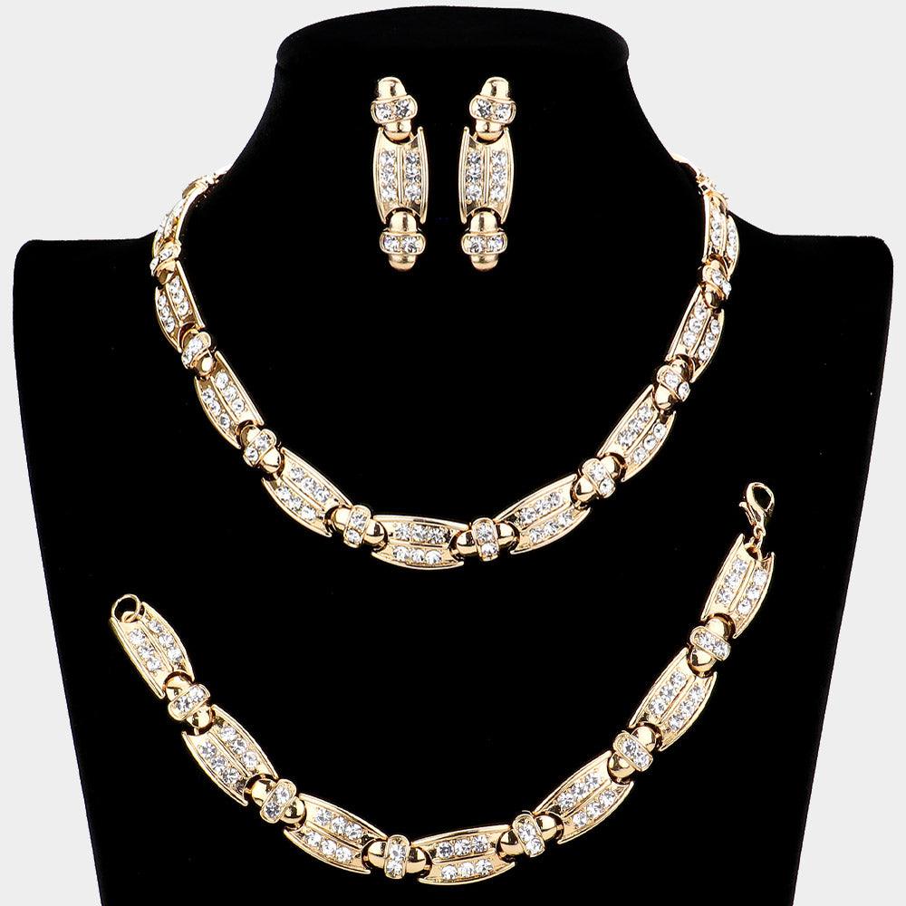 Gold 3 Piece Rhinestone Embellished Metal Link Necklace Jewelry Set