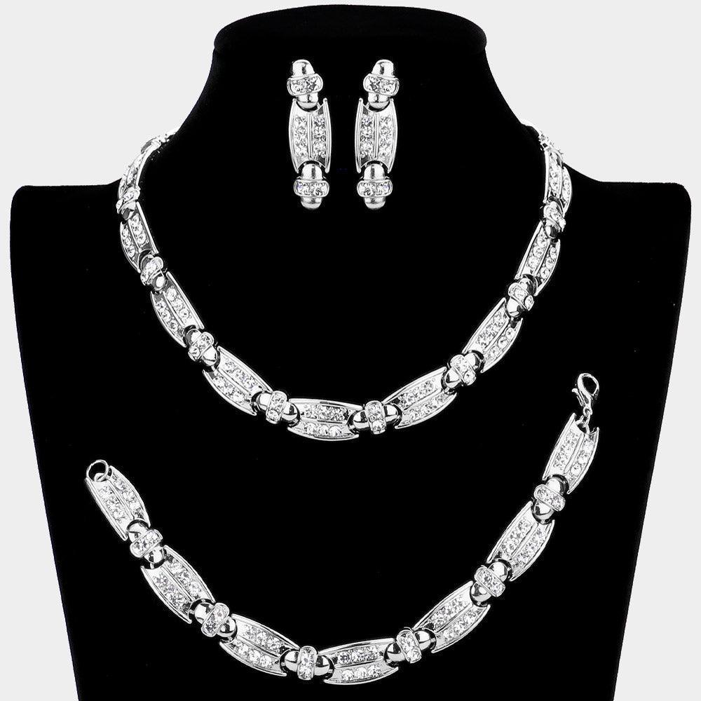 Silver 3 Piece Rhinestone Embellished Metal Link Necklace Jewelry Set - Jewelry Store by Erik Rayo