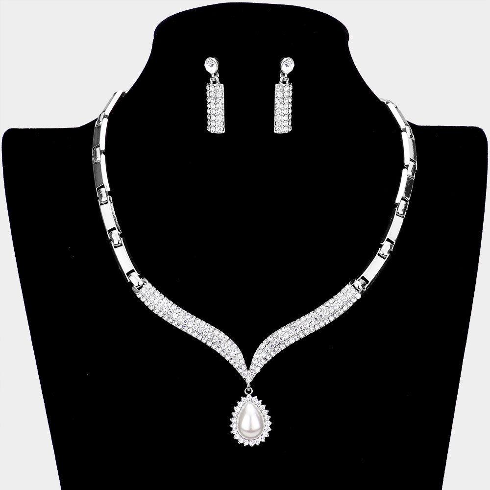 Teardrop Pearl Accented Rhinestone Necklace