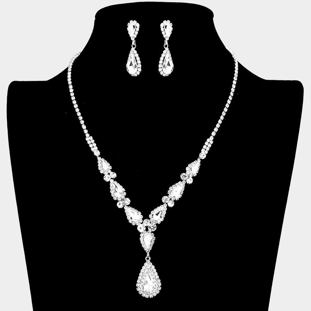 Silver Teardrop Stone Accented Rhinestone Necklace