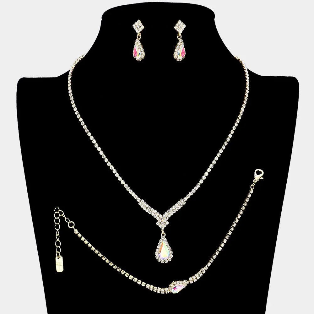 Gold 3 Piece Teardrop Stone Accented Rhinestone Necklace Jewelry Set - Jewelry Store by Erik Rayo