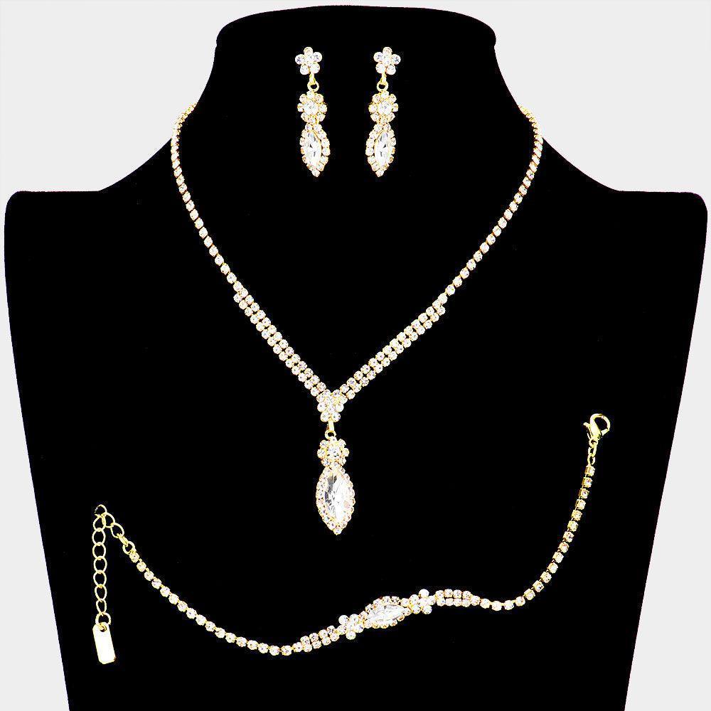 Gold 3 Piece Marquise Stone Accented Rhinestone Necklace Jewelry Set - Jewelry Store by Erik Rayo