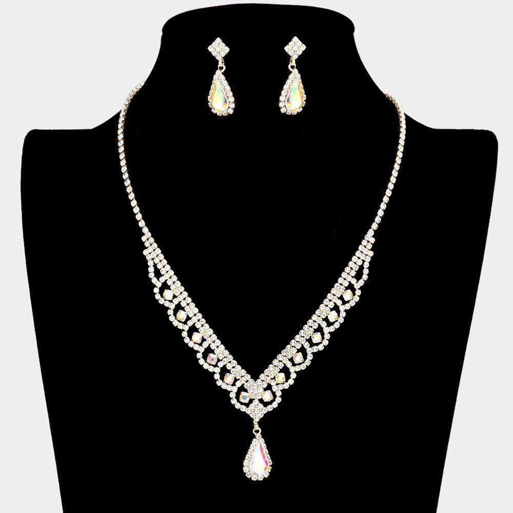 Gold Teardrop Stone Accented Rhinestone Necklace - Jewelry Store by Erik Rayo