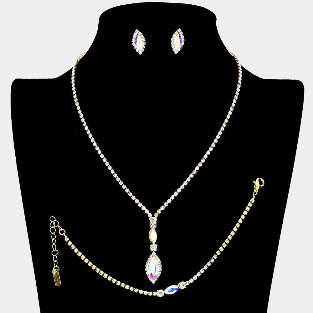 Gold 3 Piece Marquise Stone Necklace Jewelry Set Rhinestone Paved - Jewelry Store by Erik Rayo