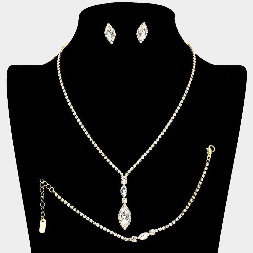 Gold 3 Piece Marquise Stone Necklace Jewelry Set Rhinestone Paved - Jewelry Store by Erik Rayo