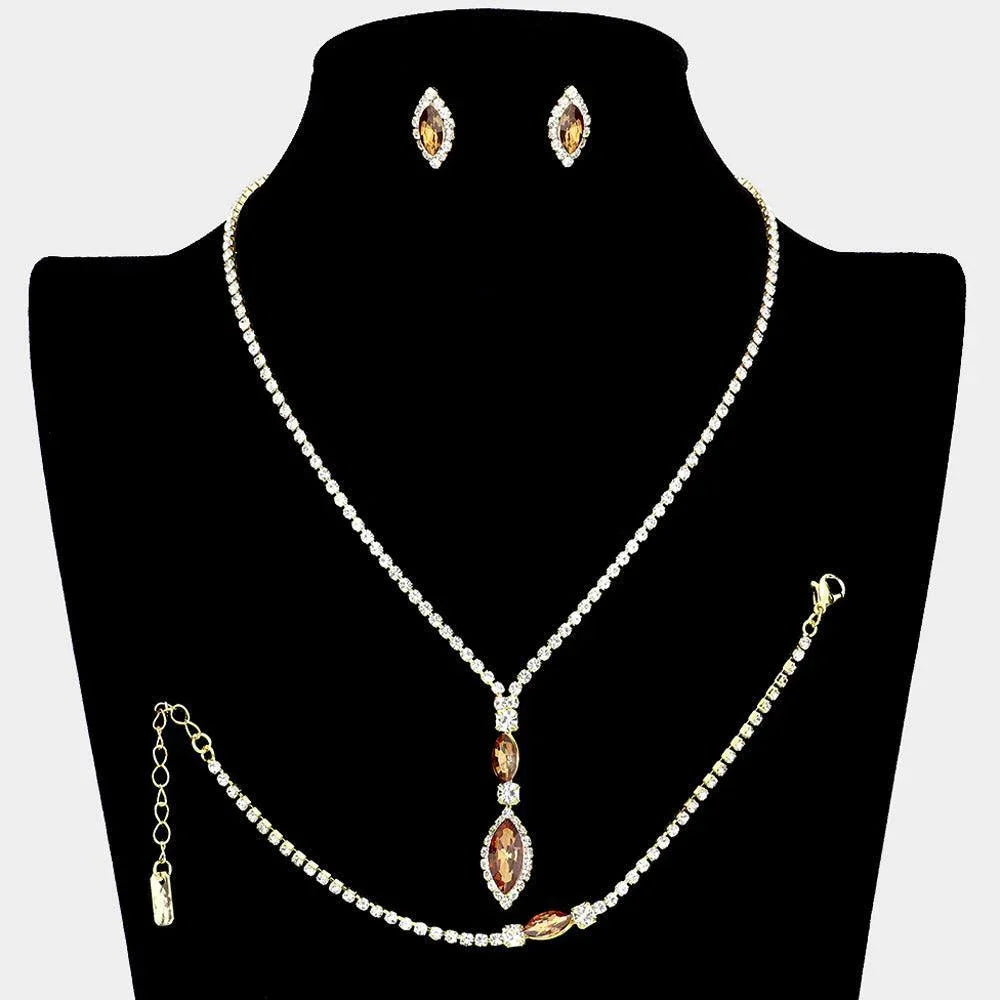 Gold 3 Piece Marquise Stone Necklace Jewelry Set Rhinestone Paved - Jewelry Store by Erik Rayo