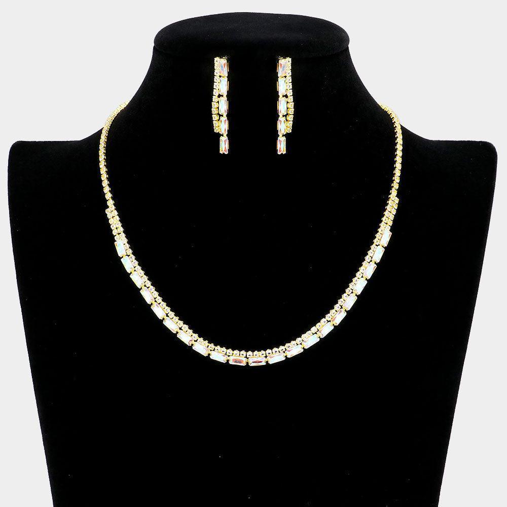 Gold Rectangle Stone Accented Rhinestone Necklace - Jewelry Store by Erik Rayo