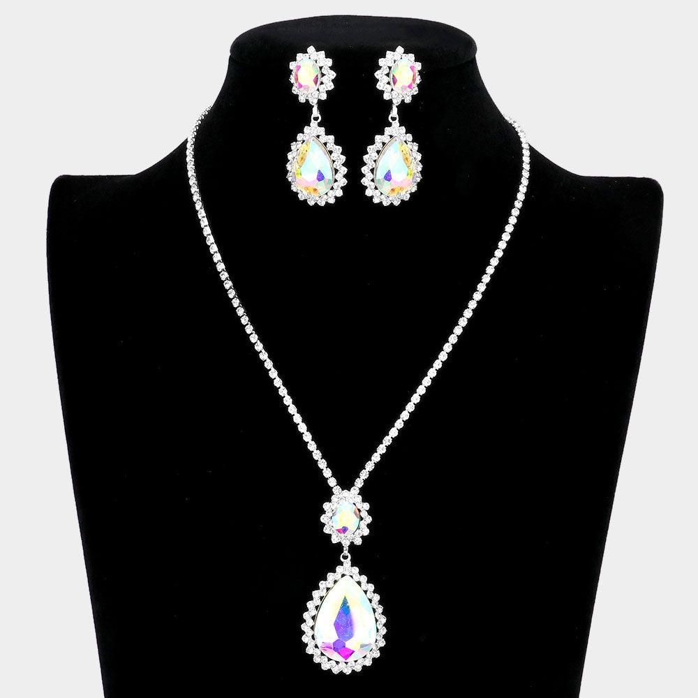 Silver Teardrop Accented Rhinestone Necklace