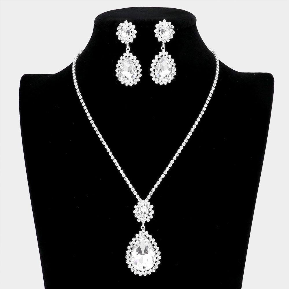 Silver Teardrop Accented Rhinestone Necklace