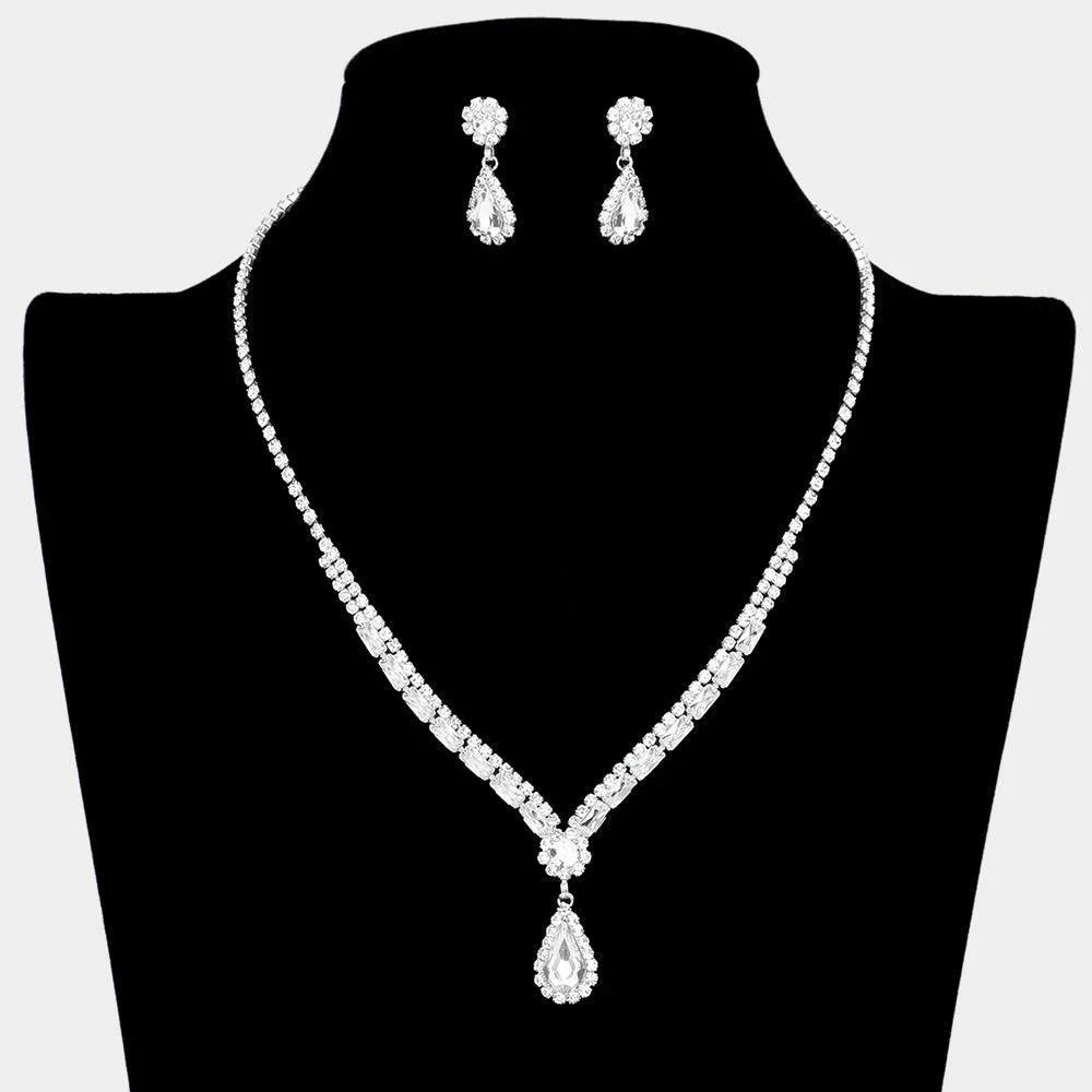 Silver Teardrop Stone Accented Rhinestone Necklace - Jewelry Store by Erik Rayo