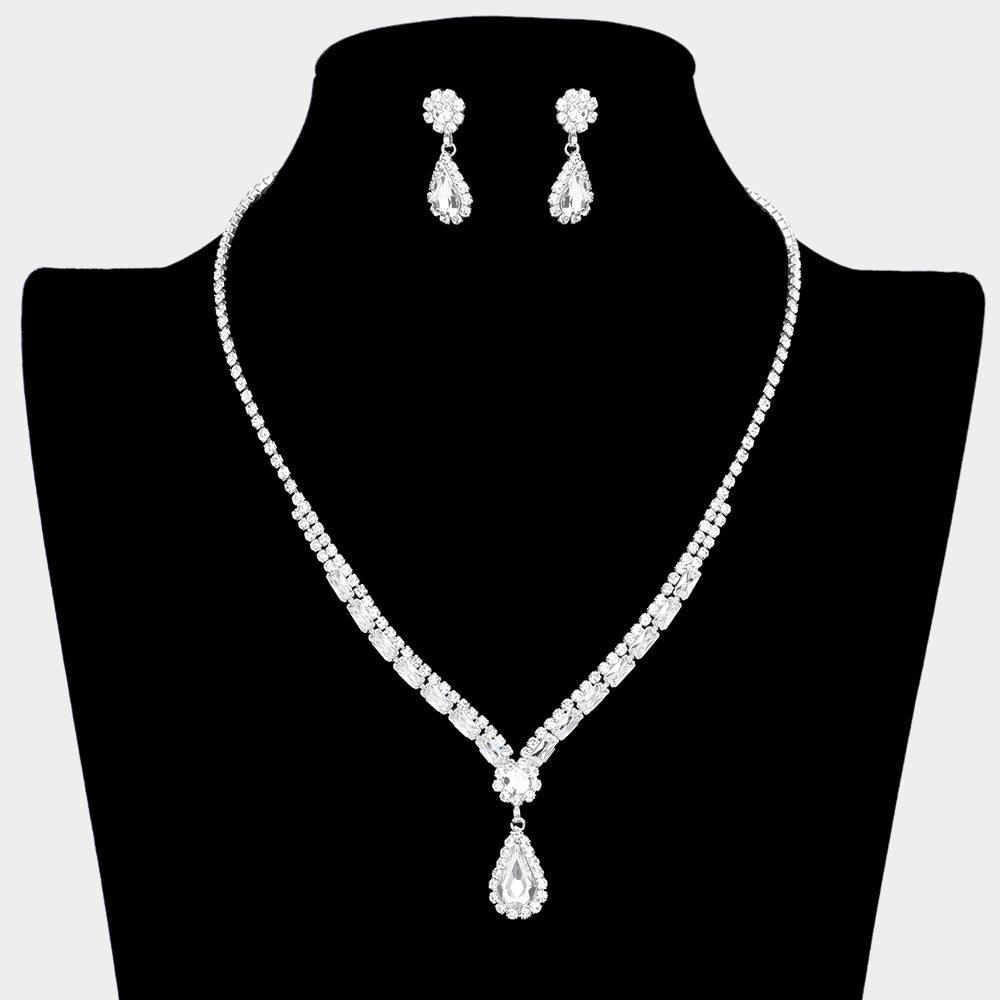 Silver Teardrop Stone Accented Rhinestone Necklace