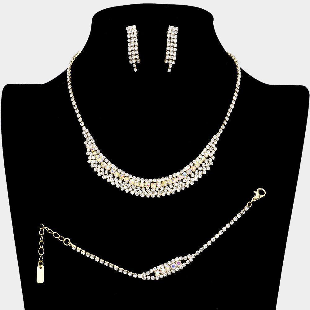 Gold 3 Piece Necklace Set Rhinestone Paved