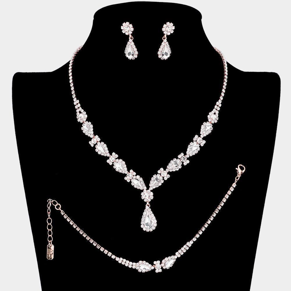 Rose Gold 3 Piece Teardrop Accented Rhinestone Necklace Jewelry Set - Jewelry Store by Erik Rayo