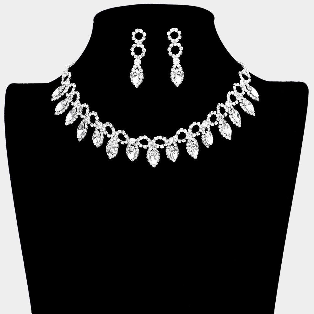 Silver Marquise Stone Cluster Rhinestone Evening Necklace