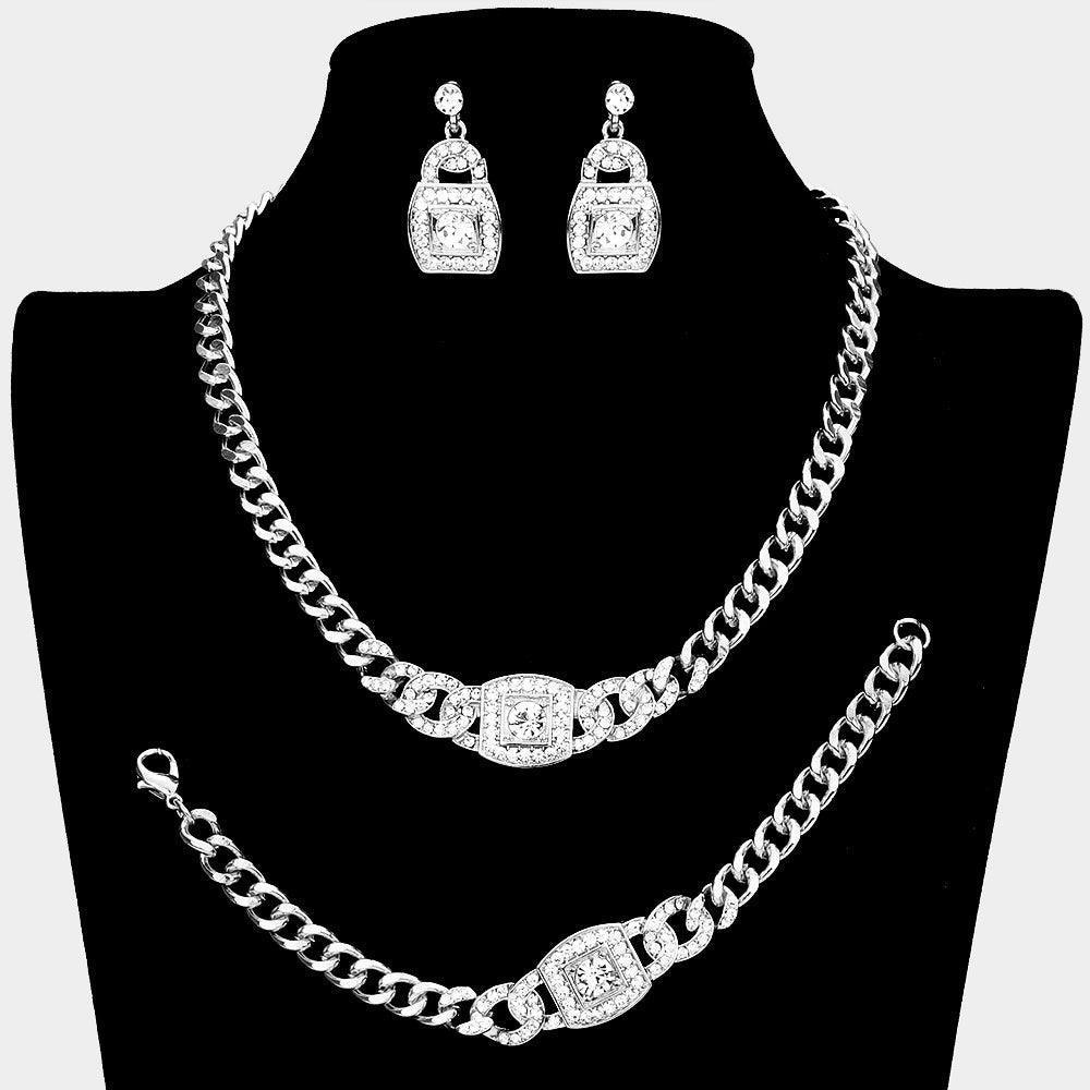 Silver 3 Piece Rhinestone Embellished Link Necklace Jewelry Set - Jewelry Store by Erik Rayo