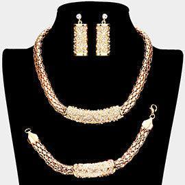 Gold 3 Piece Rhinestone Embellished Clover Detailed Necklace Jewelry Set - Jewelry Store by Erik Rayo