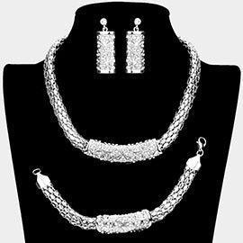 Silver 3 Piece Rhinestone Embellished Clover Detailed Necklace Jewelry Set - Jewelry Store by Erik Rayo