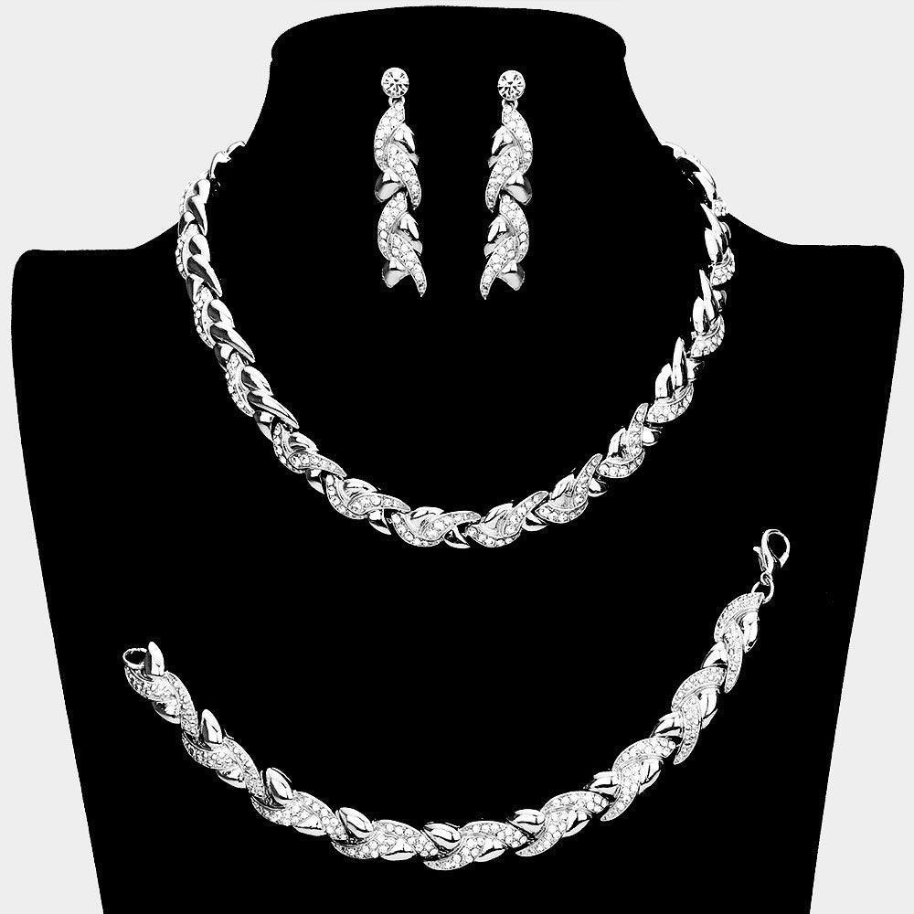 Silver 3 Piece Rhinestone Embellished Braided Necklace Jewelry Set - Jewelry Store by Erik Rayo
