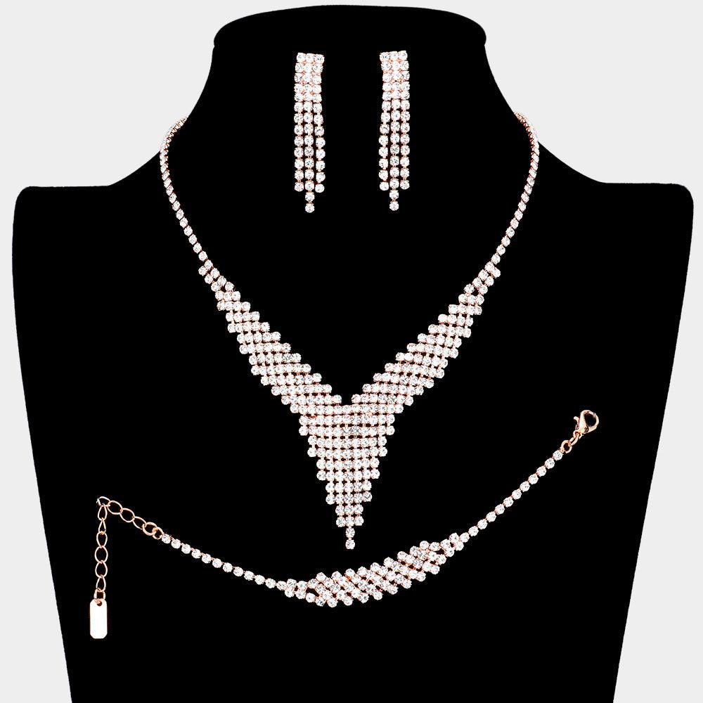 Rose Gold Crystal Necklace Set Rhinestone Paved