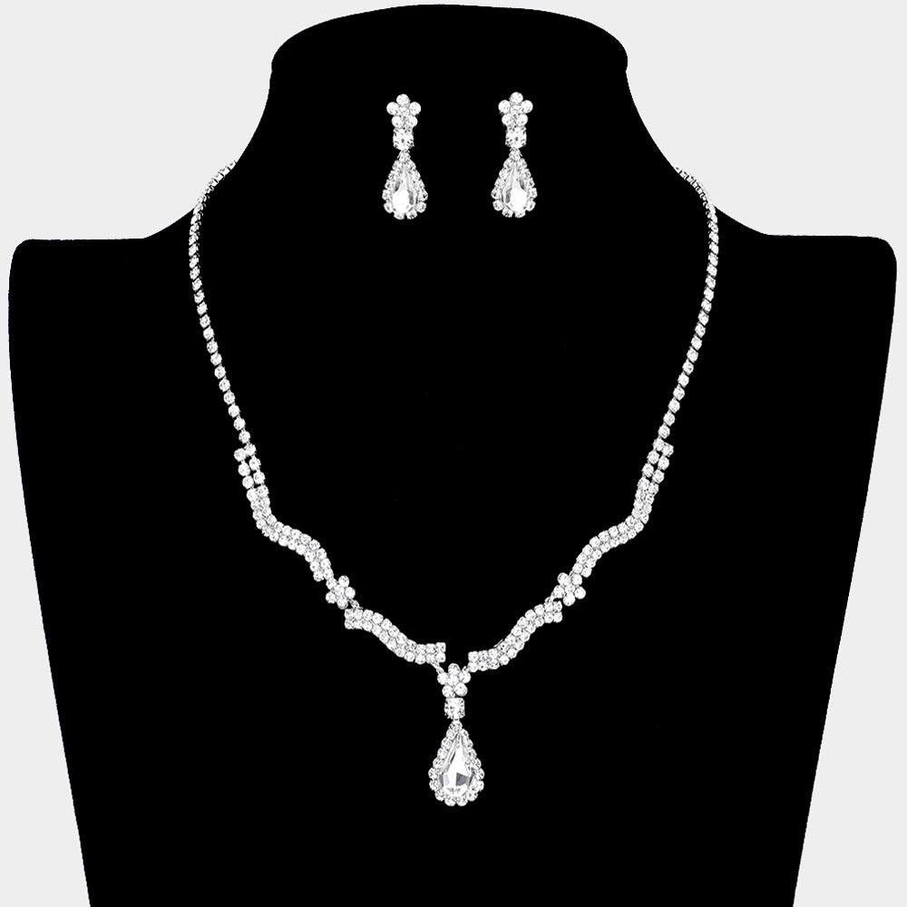 Silver Teardrop Stone Accented Crystal Necklace Rhinestone Paved