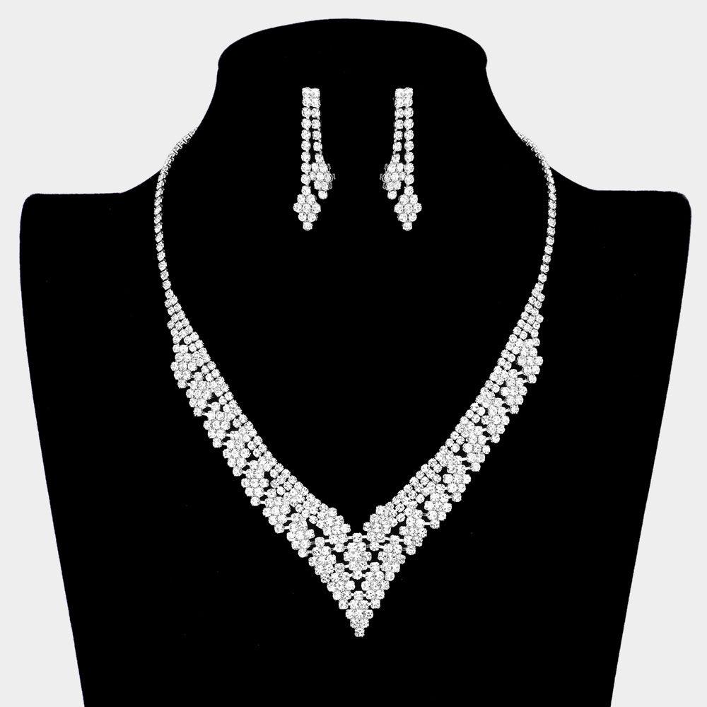 Silver V Shape Necklace Rhinestone Paved