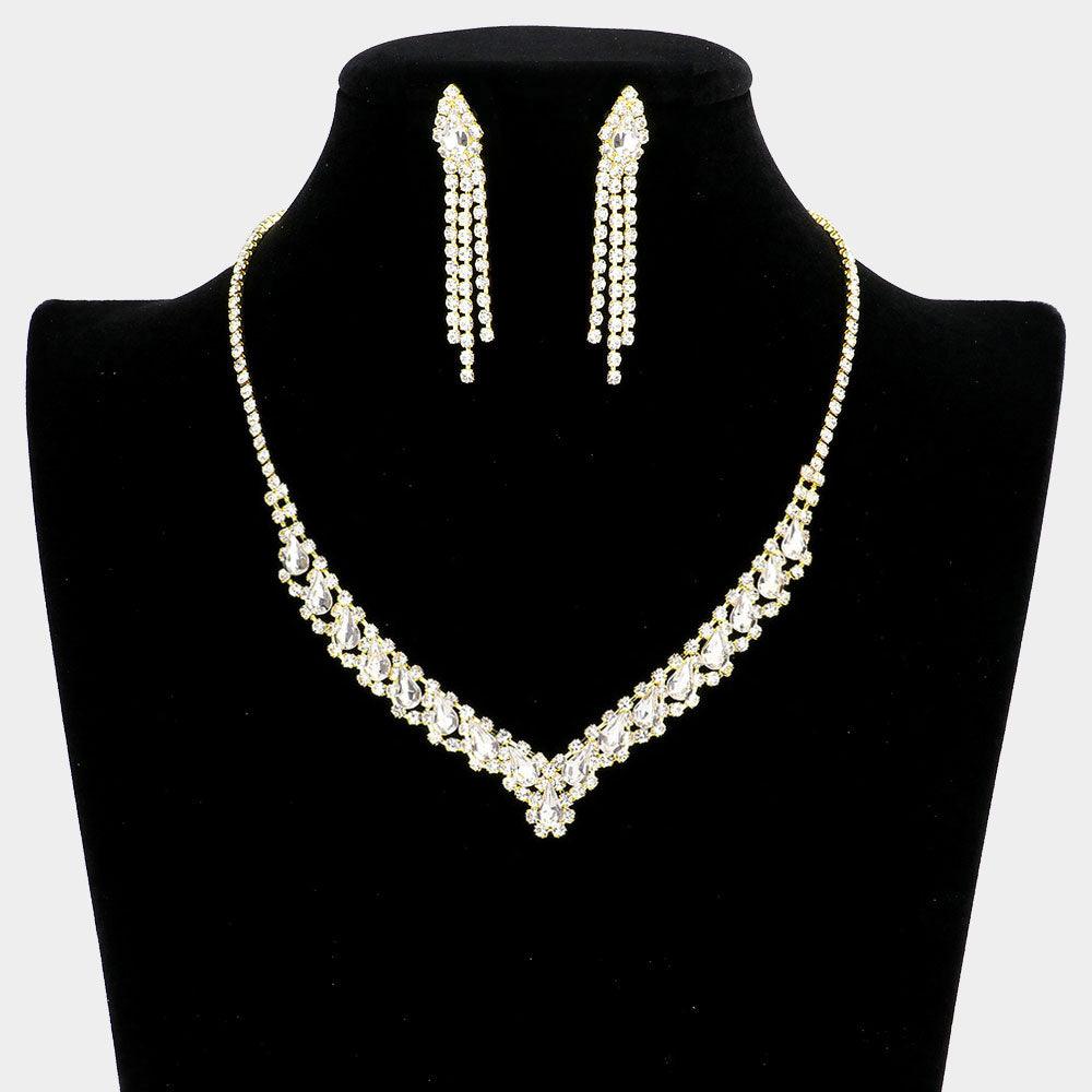 Gold Teardrop Stone Accented Collar Necklace Rhinestone Paved