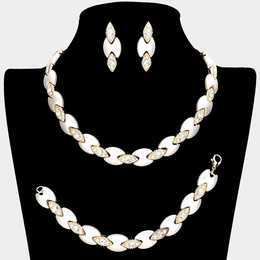 Two Tone Metal Link Necklace Set Rhinestone Paved