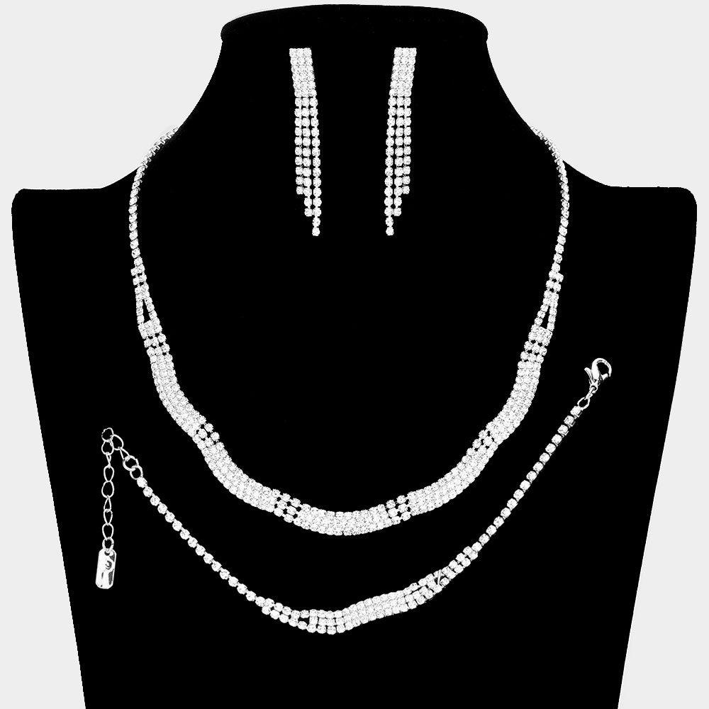 Silver Necklace Jewelry Set Rhinestone Paved