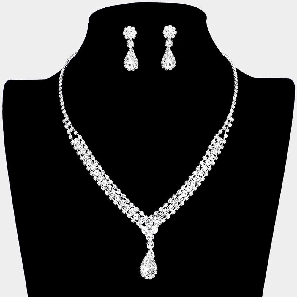 Silver Teardrop Stone Accented Rhinestone Necklace