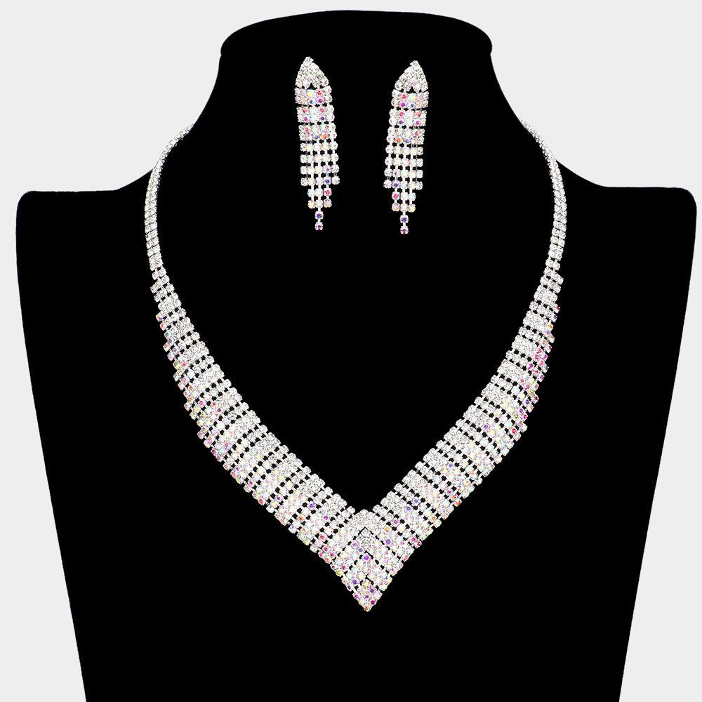 Silver V Shaped Necklace Rhinestone Paved