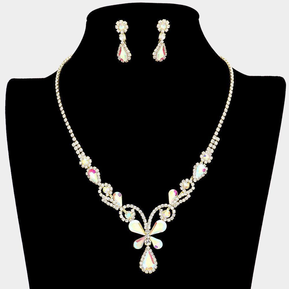 Gold Teardrop Stone Butterfly Accented Rhinestone Necklace - Jewelry Store by Erik Rayo