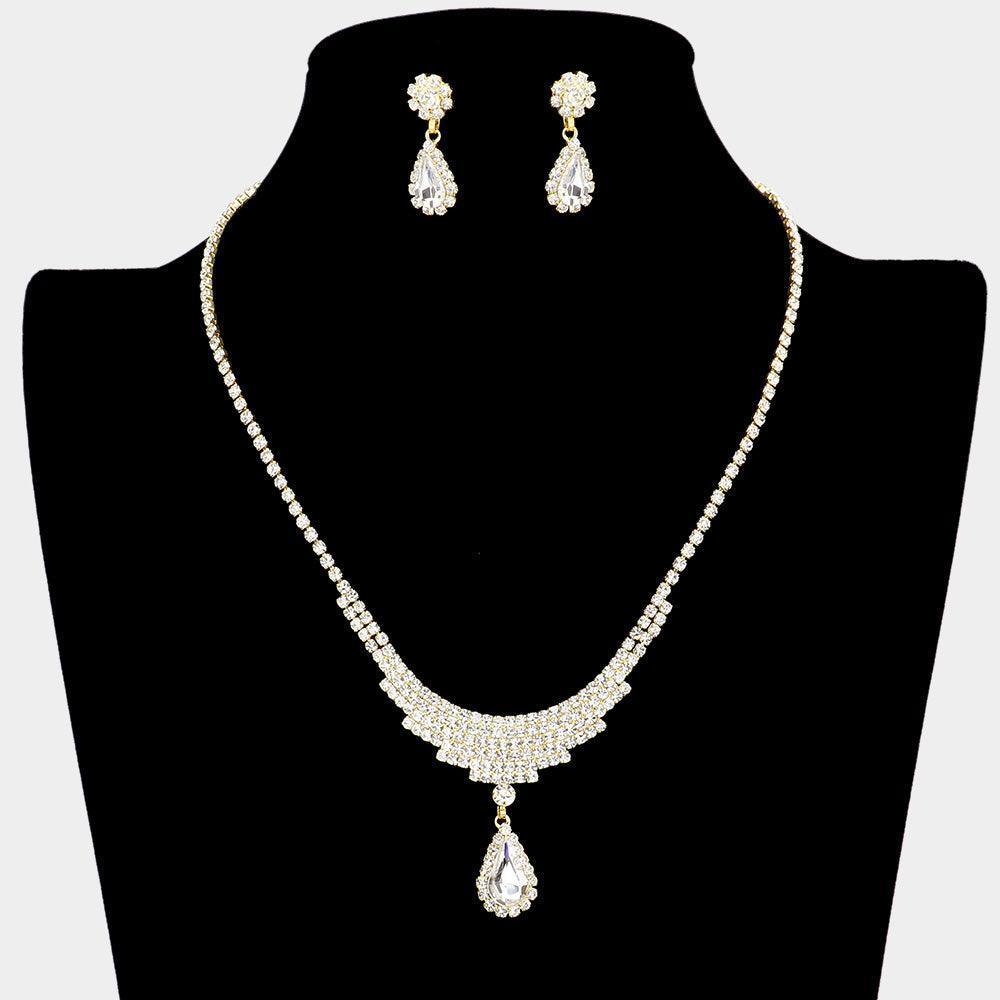 Gold Teardrop Stone Accented Rhinestone Necklace - Jewelry Store by Erik Rayo