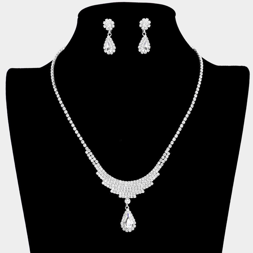 Silver Teardrop Stone Accented Rhinestone Necklace