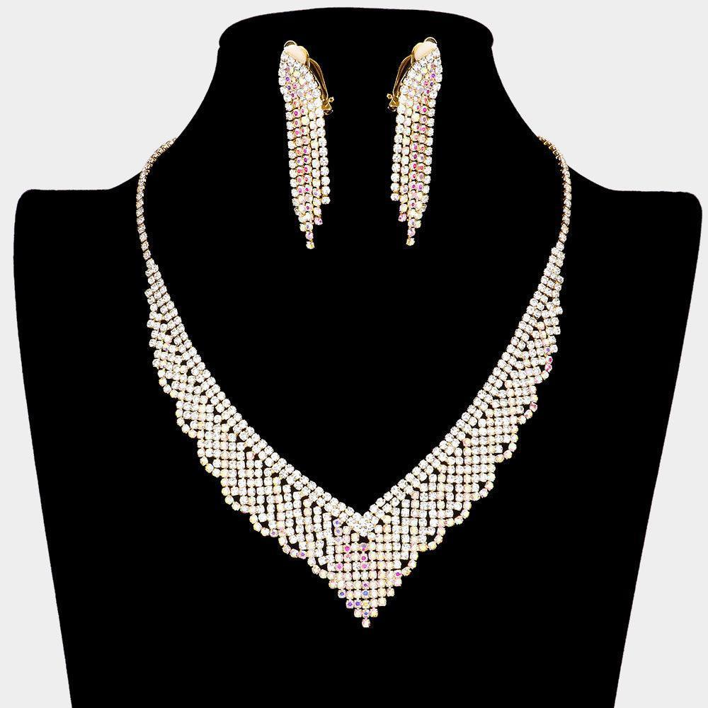 Gold Necklace Clip on Earring Set Rhinestone Paved - Jewelry Store by Erik Rayo