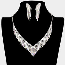 Load image into Gallery viewer, Silver Necklace Clip on Earring Set Rhinestone Paved
