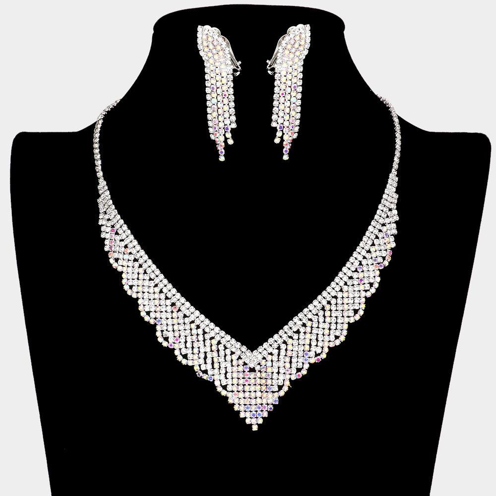 Silver Necklace Clip on Earring Set Rhinestone Paved