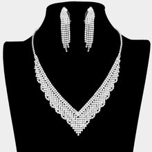 Load image into Gallery viewer, Silver Necklace Clip on Earring Set Rhinestone Paved
