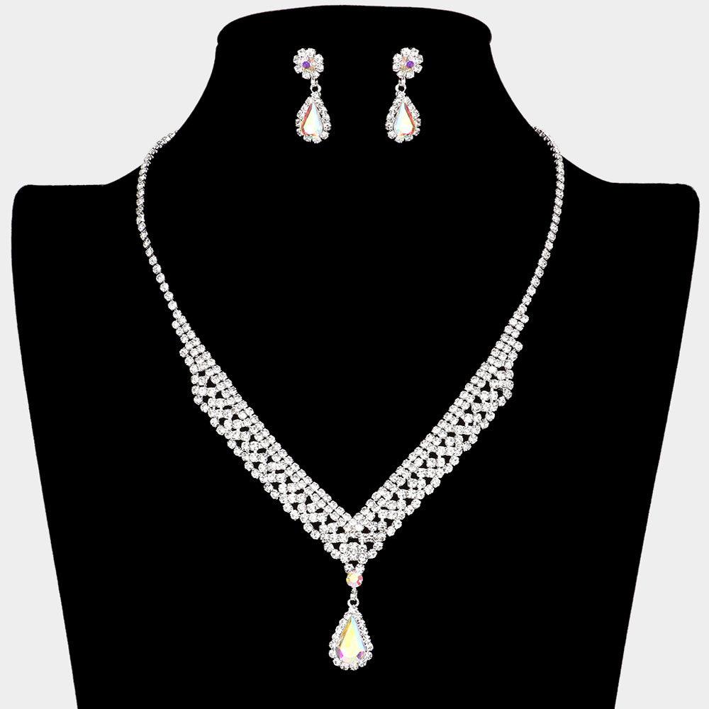 Silver Teardrop Stone Accented Rhinestone Necklace