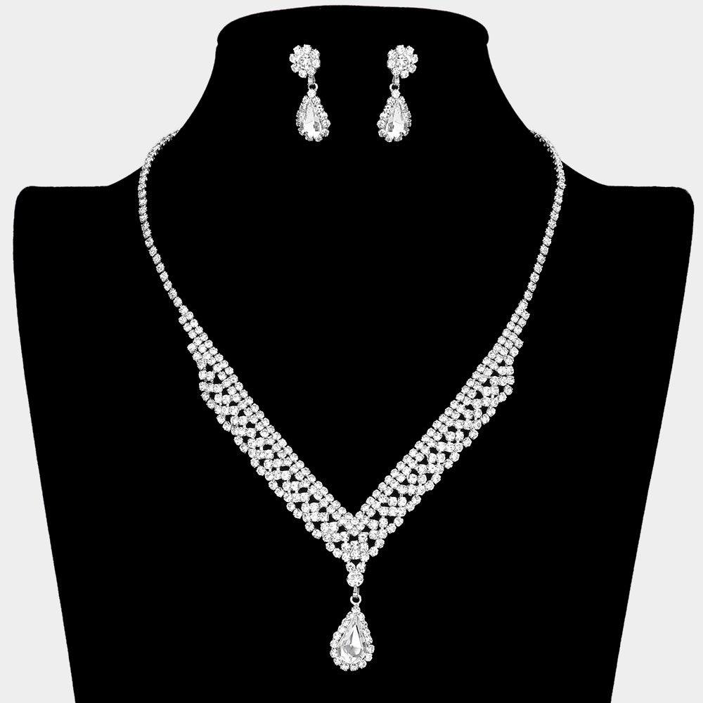 Silver Teardrop Stone Accented Rhinestone Necklace