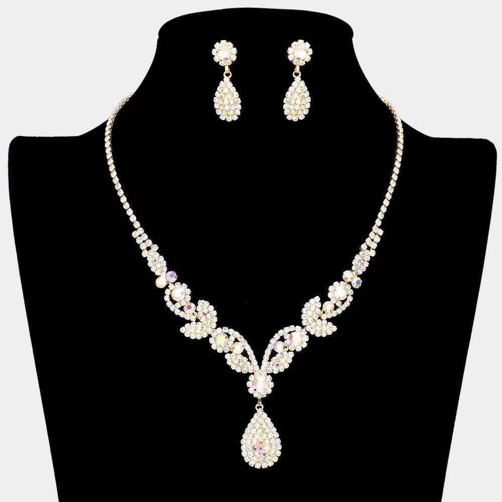 Gold Teardrop Stone Pendant Pointed Vine Necklace Rhinestone Paved - Jewelry Store by Erik Rayo